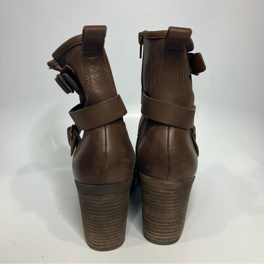 Lucky Brand Orenzo brown leather boots block heel buckle women’s size 8.5 trendy